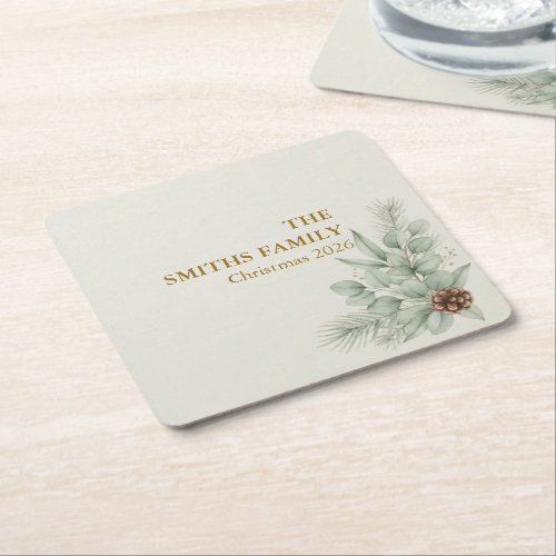 Artisan Winter Botanical Eucalyptus Family Name  Square Paper Coaster