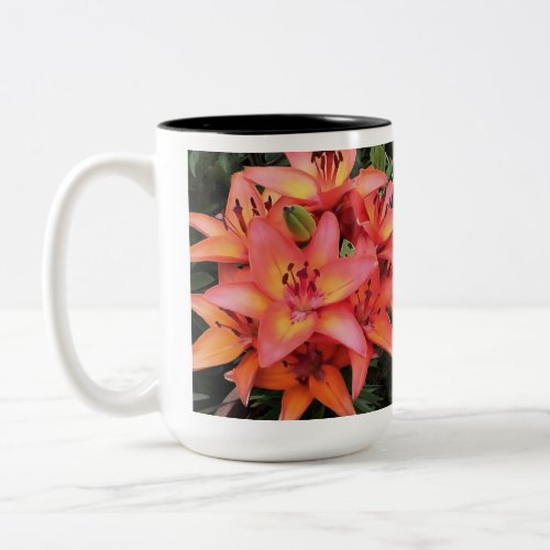 Artisitc Coral Colored Garden Lilies Two_Tone Coffee Mug