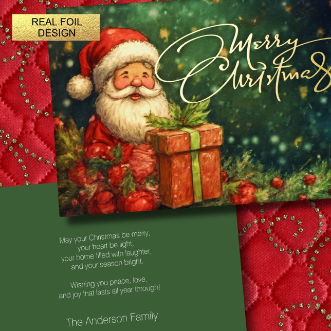 Artisitc Santa Illustration Christmas Red Green Foil Holiday Card (Creator Uploaded)