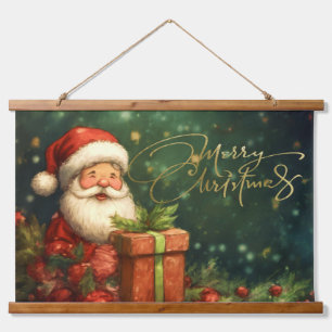 Artisitc Santa Illustration Christmas Red Green Hanging Tapestry