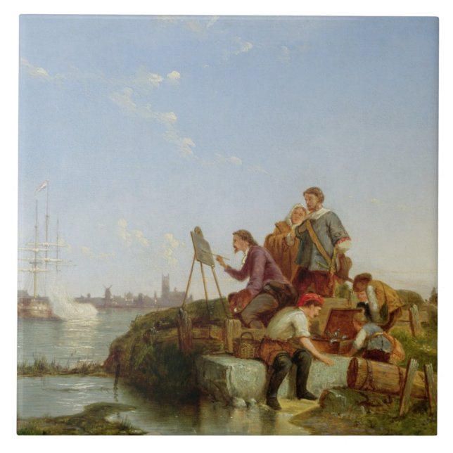 Artist at his Easel and Shipping beyond, 1894 (oil Ceramic Tile (Front)