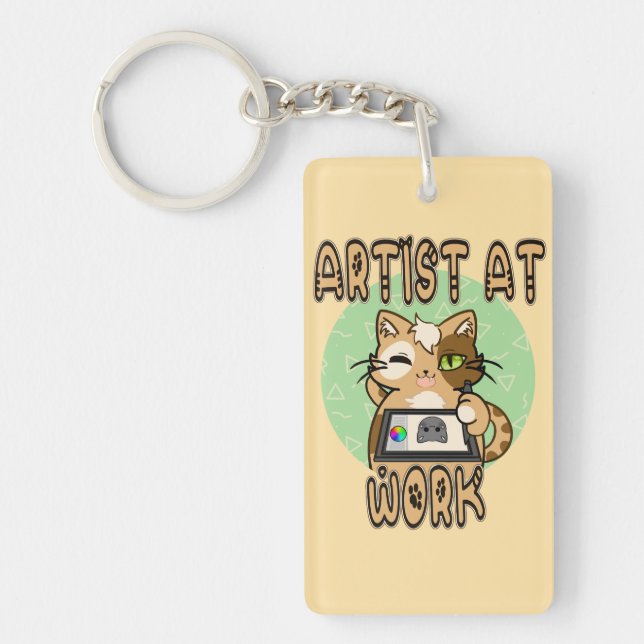 Artist at work - cute cat design keychain (Front)