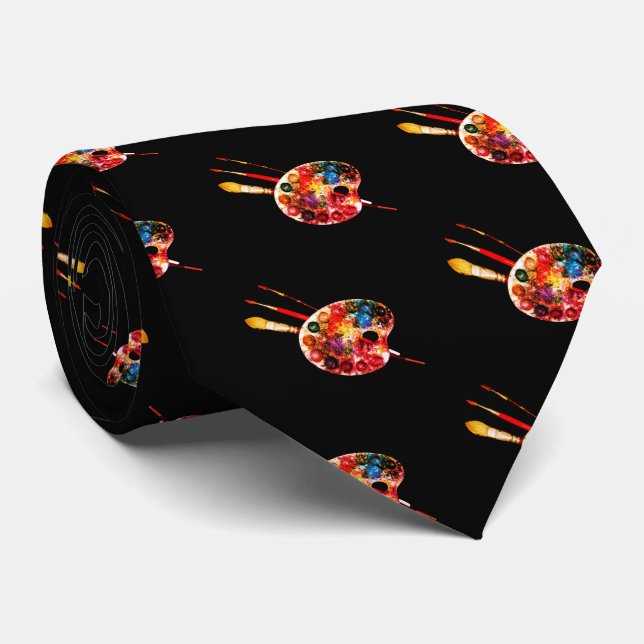 ARTIST COLOR PALETTE AND BRUSHES IN BLACK NECK TIE (Rolled)