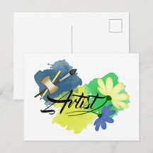 Artist. Drawing. Blue and yellow. Paint brush and 