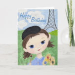 Artist Girl birthday card<br><div class="desc">Cute birthday card for an artist or adventurous girl!  Shows a painting of a girl in Paris by the Eiffel Tower,  holding a paintbrush and wearing a black beret.</div>
