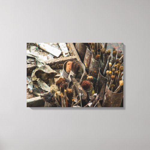 Artist Paintbrushes and Paint in Old Wooden Case Canvas Print