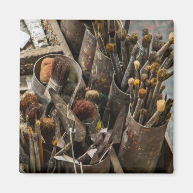 Artist Paintbrushes and Paint in Old Wooden Case Magnet (Front)
