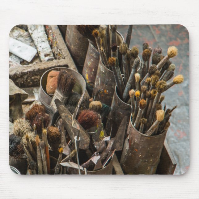 Artist Paintbrushes and Paint in Old Wooden Case Mouse Pad (Front)
