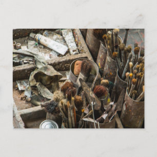 Artist Paintbrushes and Paint in Old Wooden Case Postcard