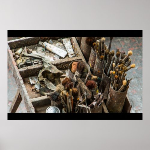 Artist Paintbrushes and Paint in Old Wooden Case Poster