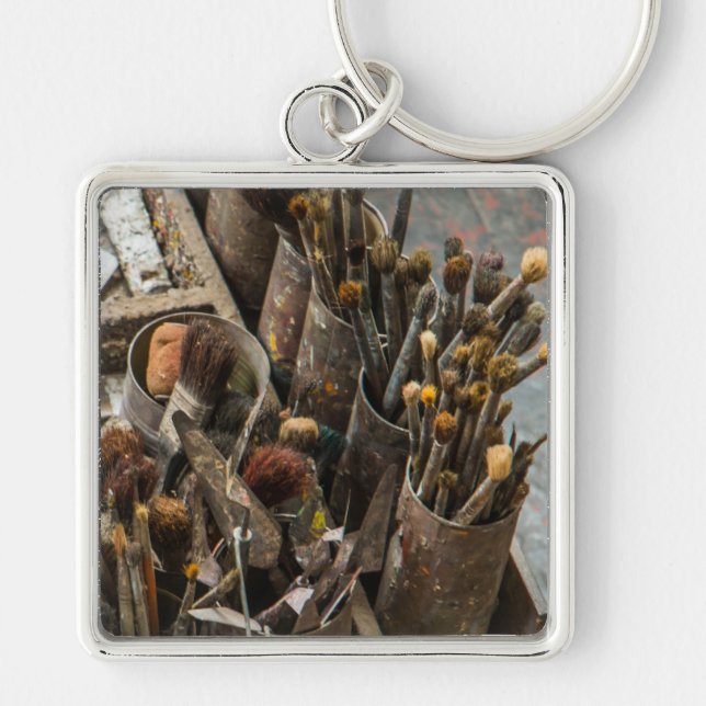 Artist Paintbrushes in Old Rusty Tin Cans Keychain (Front)