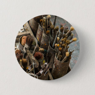 Artist Paintbrushes in Old Rusty Tin Cans Pinback Button