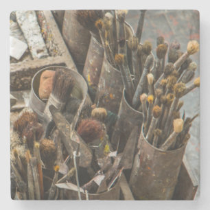 Artist Paintbrushes in Old Rusty Tin Cans Stone Coaster