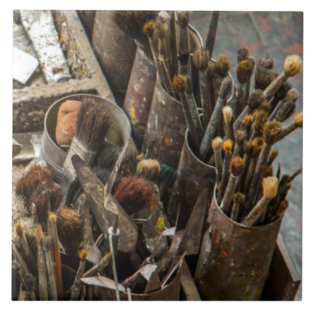 Artist Paintbrushes in Old Rusty Tin Cans Tile (Front)