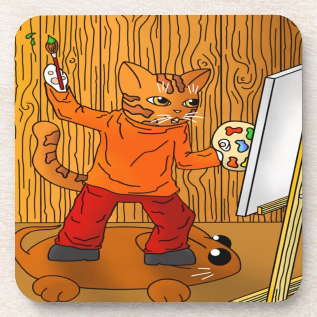 Artist Painter Cat Beverage Coaster (Front)