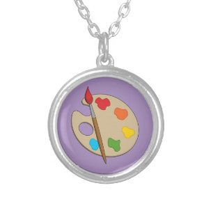 Artist Palette with Paint Brush Silver Plated Necklace