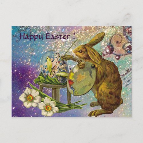ARTIST RABBIT WITH PALETTE PAINTING EASTER EGGS HOLIDAY POSTCARD