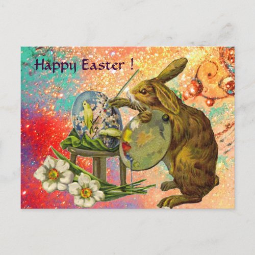 ARTIST RABBIT WITH PALETTE PAINTING EASTER EGGS HOLIDAY POSTCARD