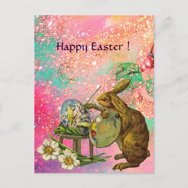 ARTIST RABBIT WITH PALETTE PAINTING EASTER EGGS HOLIDAY POSTCARD (Front)