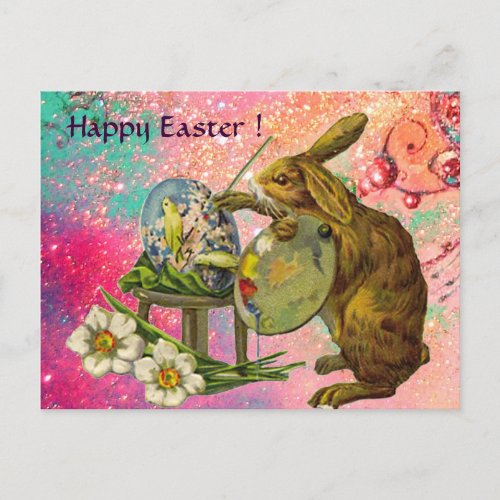 ARTIST RABBIT WITH PALETTE PAINTING EASTER EGGS HOLIDAY POSTCARD