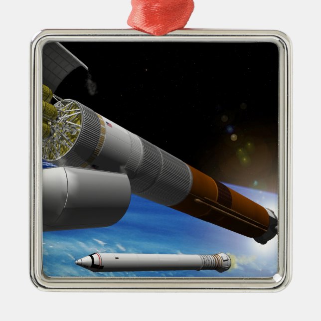 Artist rendition of a heavy-lift rocket metal ornament (Front)