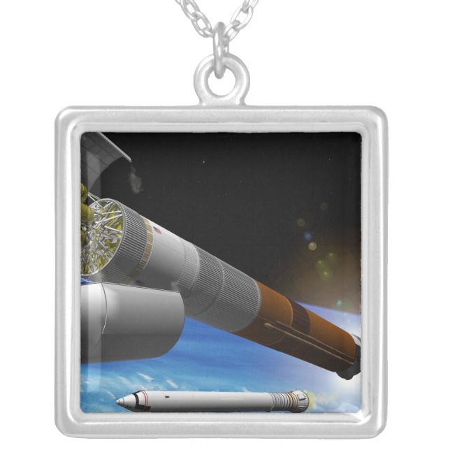 Artist rendition of a heavy-lift rocket silver plated necklace (Front)