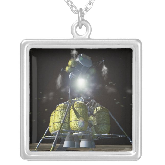 Artist rendition of a new spaceship to the moon 3 silver plated necklace (Front)