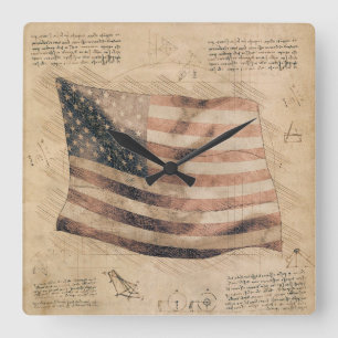 Artist Reproduction American Flag Drawing Square Wall Clock