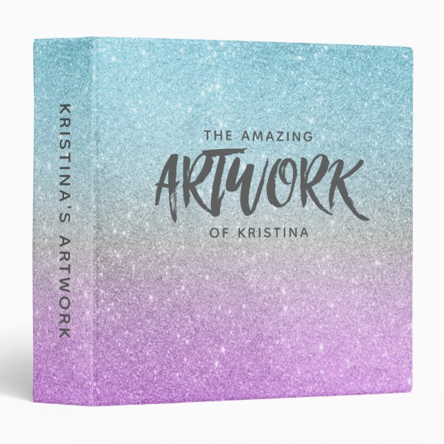 Artist Sketchbook Elegant Blue Purple Glitter 3 Ring Binder (Front/Spine)
