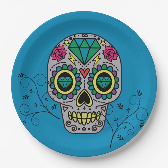Artist Sugar Skull Pattern Mexican Day of the Dead Paper Plates (Front)