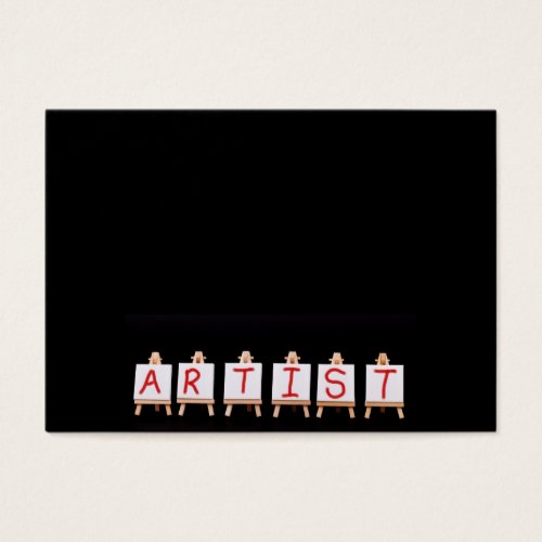Artist words across six easels on black business cards