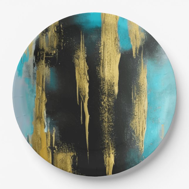 Artistic Abstract Art in Turquoise, Gold and Black Paper Plates (Front)