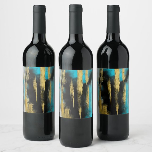 Artistic Abstract Art in Turquoise, Gold and Black Wine Label (Bottles)
