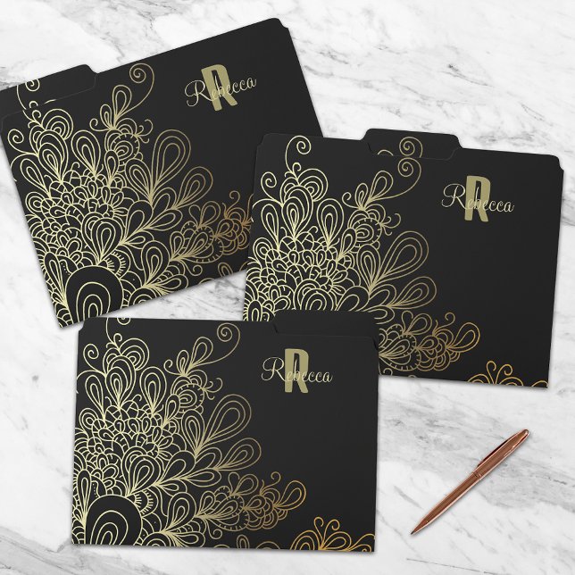Artistic Abstract Black Gold Doodles Name Monogram File Folder (Creator Uploaded)