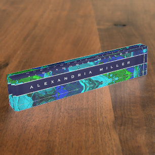 Artistic Abstract Blue Paint Splash Desk Name Plate