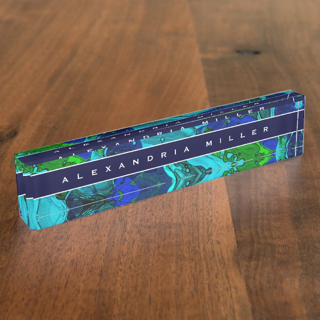 Artistic Abstract Blue Paint Splash Desk Name Plate (Side)