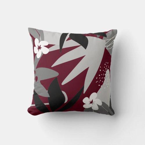 Artistic Abstract Botanical  Burgundy  Grey Throw Pillow