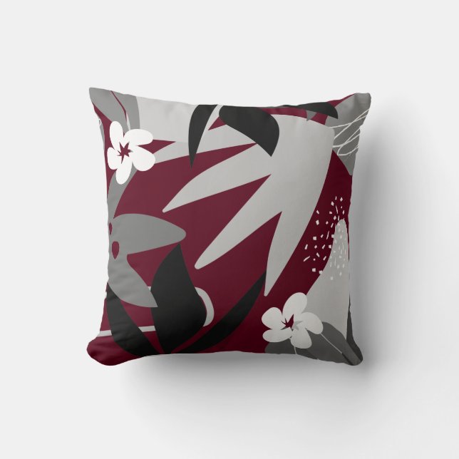 Artistic Abstract Botanical | Burgundy & Grey Throw Pillow (Front)