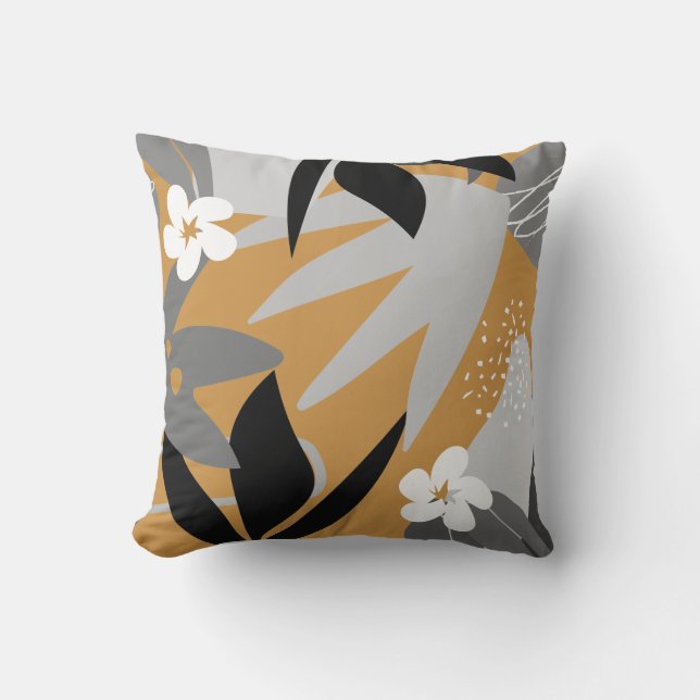 Artistic Abstract Botanical | Grey & Mustard Throw Pillow (Front)