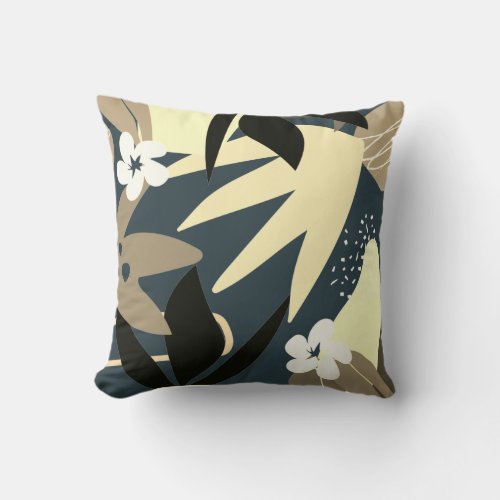 Artistic Abstract Botanical  Oxford Blue  Yellow Throw Pillow