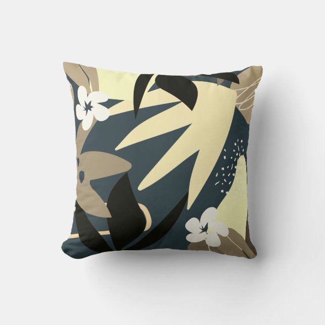 Artistic Abstract Botanical | Oxford Blue & Yellow Throw Pillow (Front)