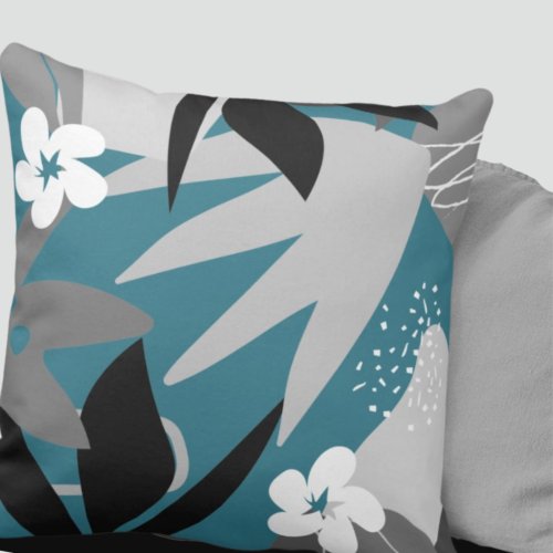 Artistic Abstract Botanical  Turquoise  Gray  Throw Pillow