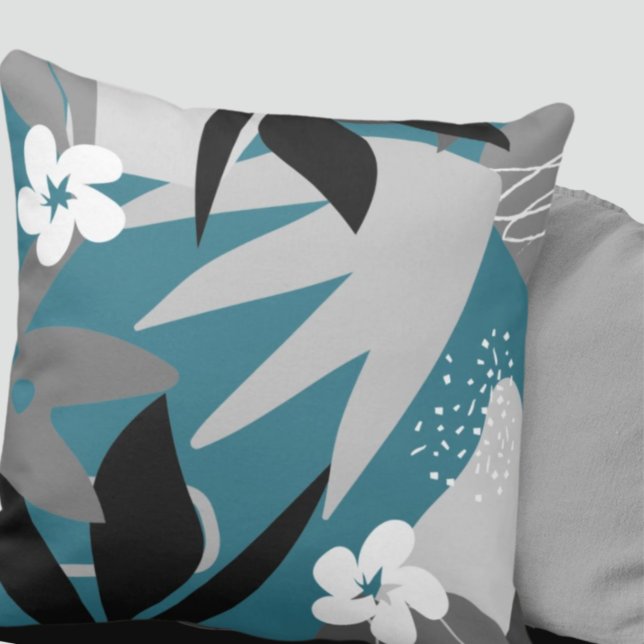 Artistic Abstract Botanical | Turquoise & Gray  Throw Pillow (Creator Uploaded)