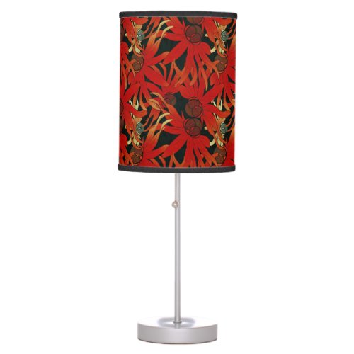 Artistic Abstract Floral  Black  Red Orange Table Lamp