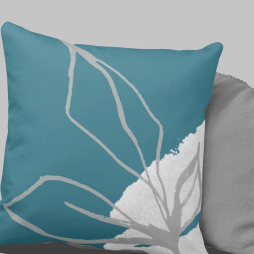 Artistic Abstract Leaves  Turquoise Gray  White Throw Pillow
