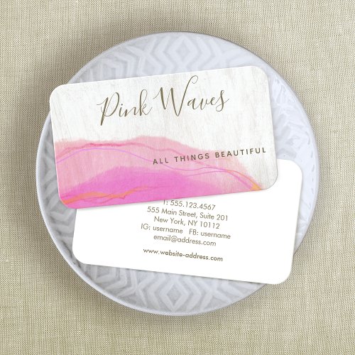Artistic Abstract Pink Watercolor Wood  Business C Business Card