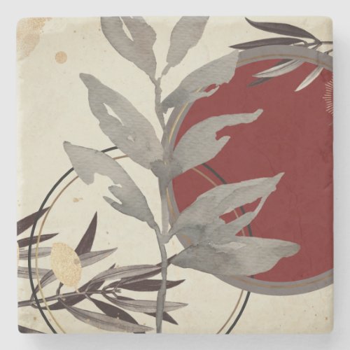 Artistic Abstract Zen Watercolor Leaf  Burgundy Stone Coaster