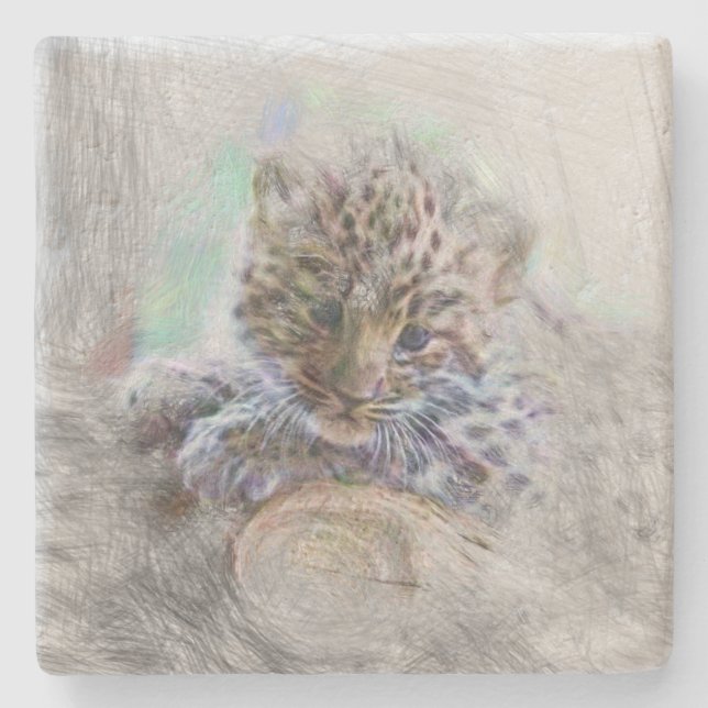 artistic animal baby leopard stone coaster (Front)