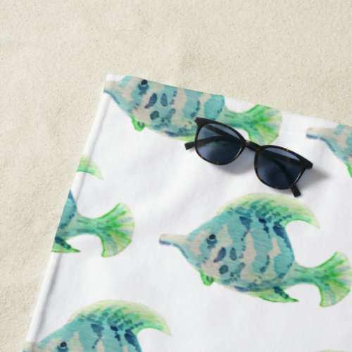 Artistic Animal Watercolor Blue Tropical Fish Beach Towel