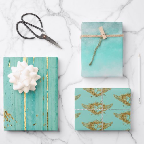 Artistic Aqua  Gold Trio Wrapping Paper Sheets